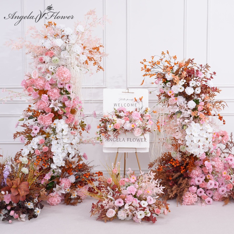 A8825 Autumn Pink Hydrangea Floor Floral Welcome Sign Flower Horn Arch Wedding Decor