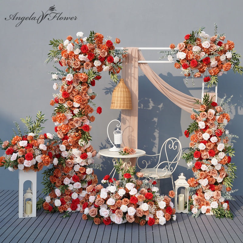 A8826 Autumn Coffee White Rose Floral Row Floor Flower Wedding Backdrop Frame