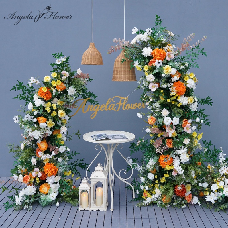 A8829 Orange Hydrangea White Flower Leaf Horn Arch Floor Row Wedding Background