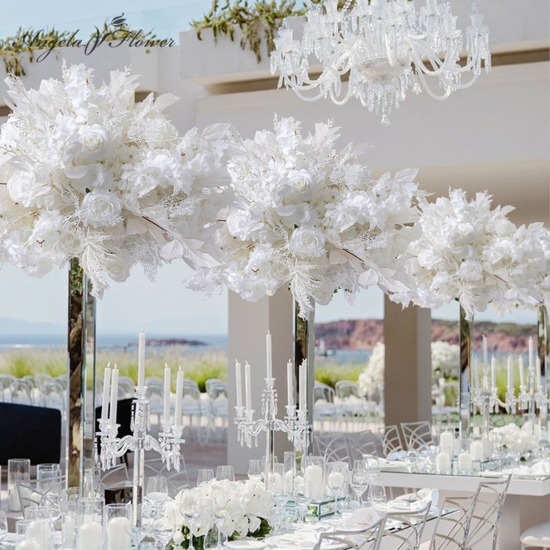 A8840 Pure White Rose Hydrangea Leaf Flower Ball Table Centerpiece Wedding Event Decor