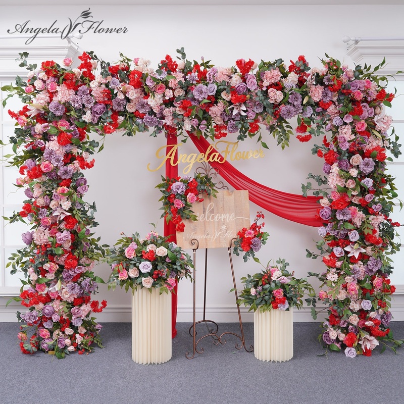 A8841 Colorful Floral Leaf Wedding Backdrop Arch Frame Flower Ball Welcome Sign Decor