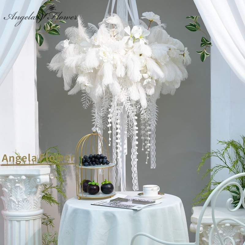 A8845 White Feather Vine Hanging Wreath Wedding Background Ceiling Hoop Flower Row