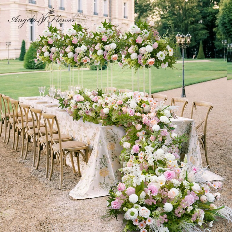 A8857 pink rose greenery sofa runner floor wedding decor welcome sign flower ball