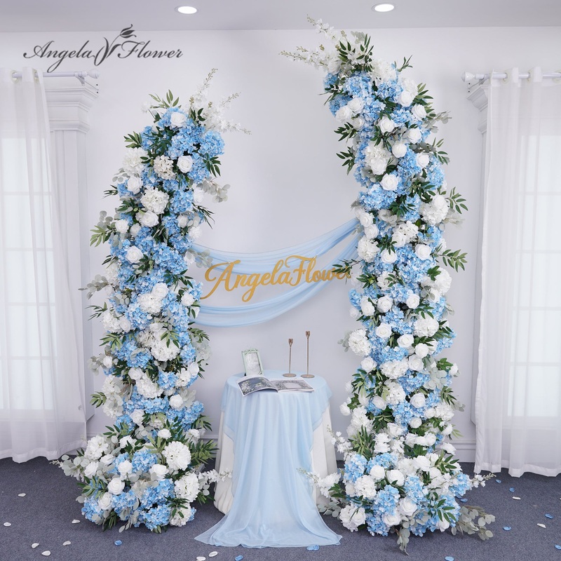 A8858 White Rose Blue Hydrangea Horn Arch Decor Wedding Backdrop Floor Flower Props