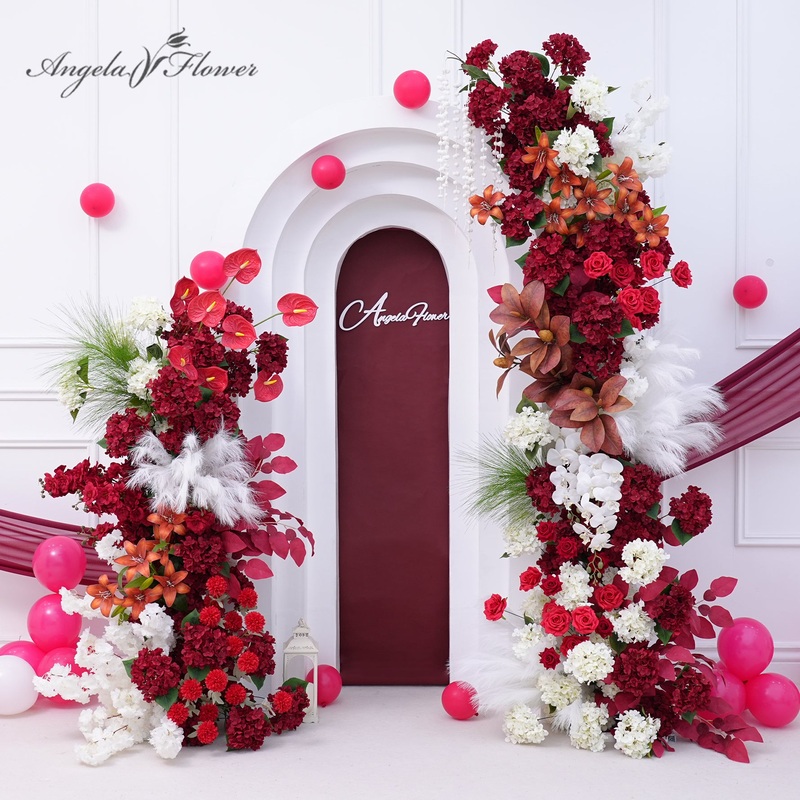 A8859 Autumn Red Hydrangea Floral Arrangement Horn Arch Wedding Backdrop Props