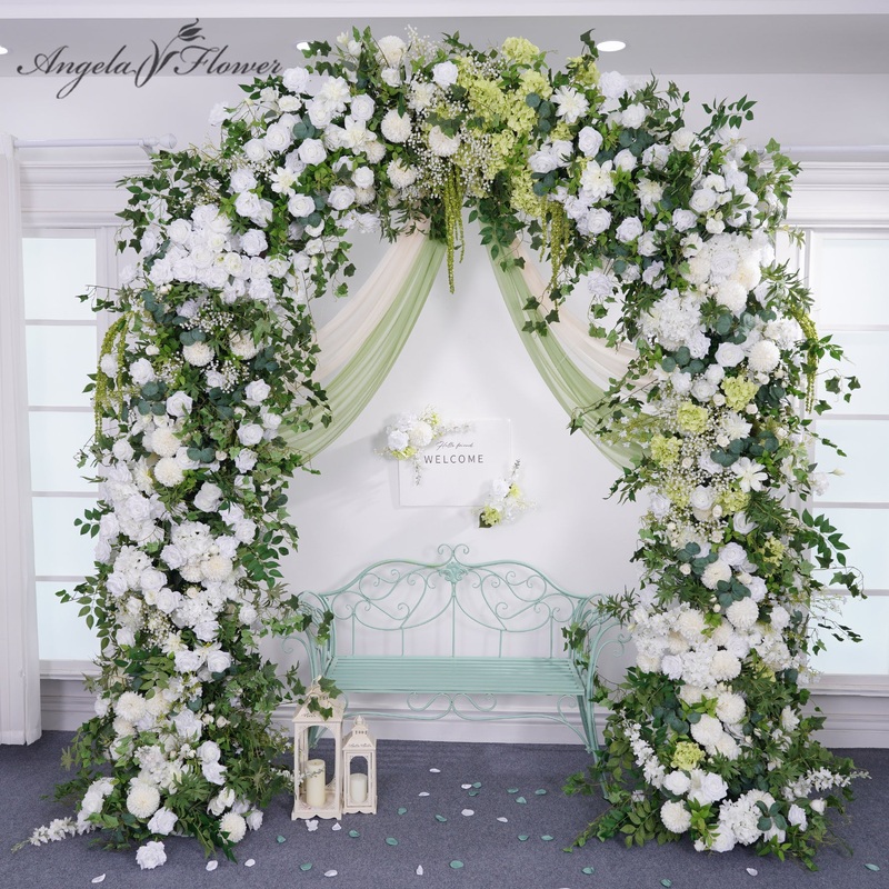 A8864 White Rose Greenery Floral Row Arch Frame Sign Flower Wedding Backdrop Props