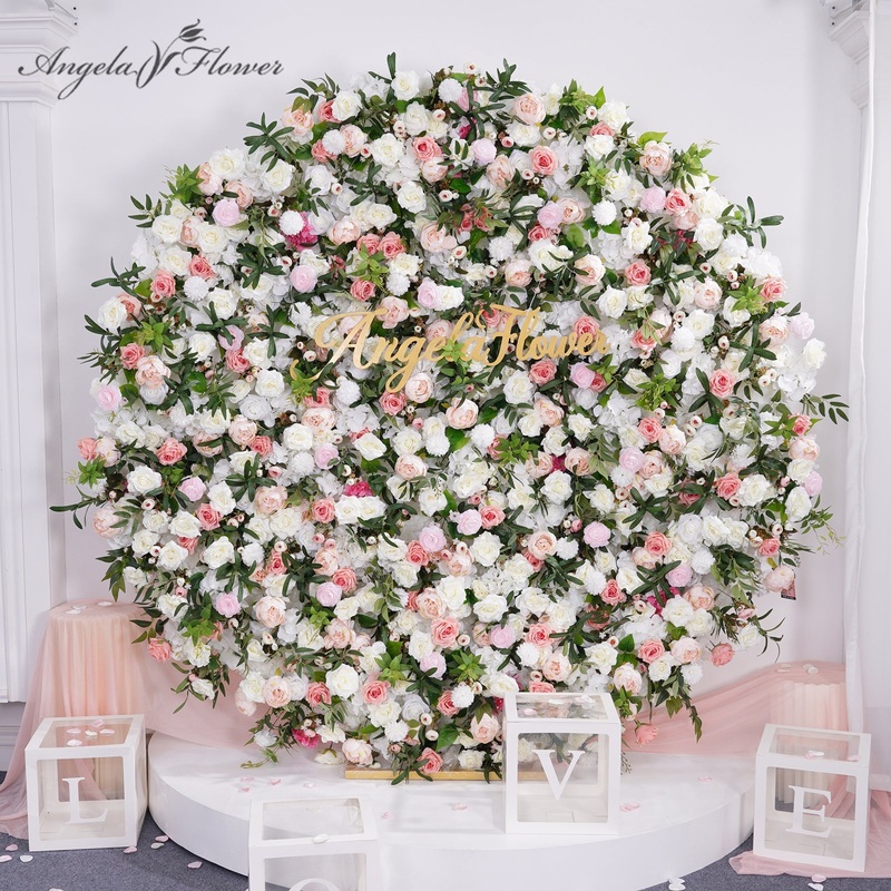 A8865 Round 5D Pink White Rose Green Leaves Flower Wall Cloth Base Wedding Supplies