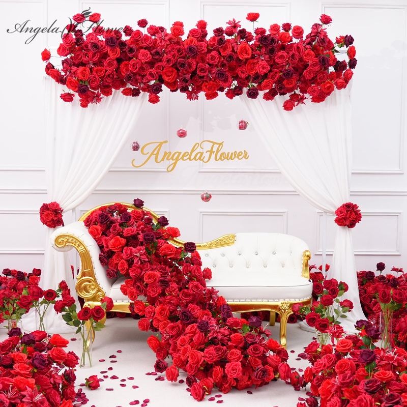 A8866 Red Rose Sofa Runner Wedding Backdrop Frame Arch Decor Curtain Flower