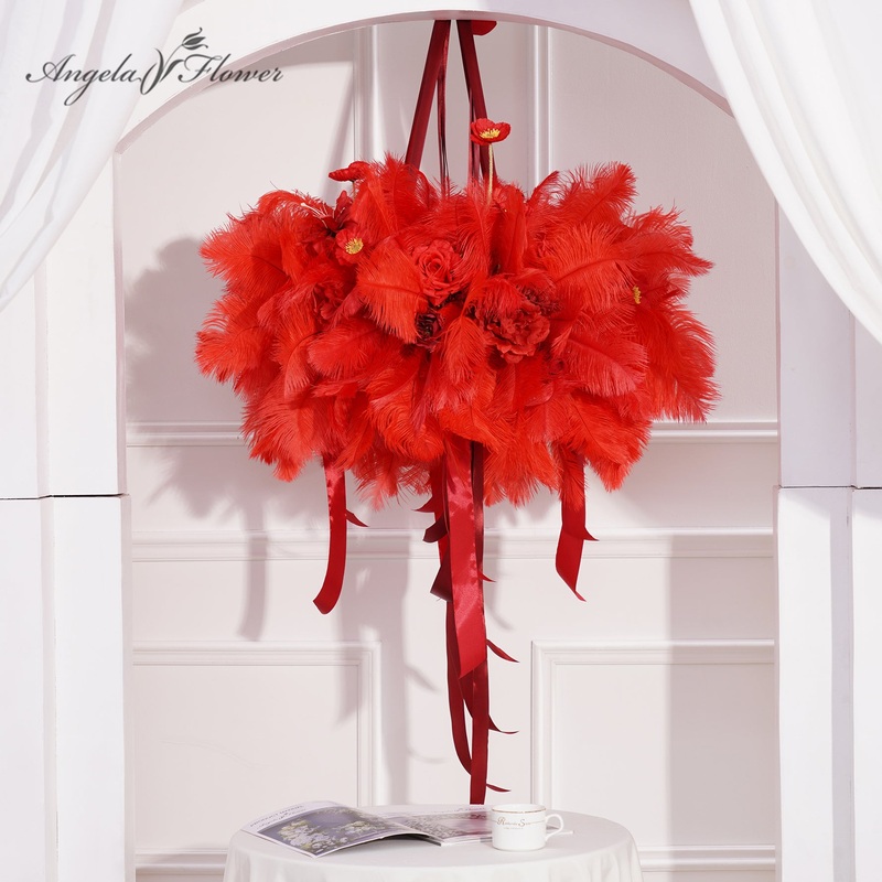 A8867 Feather Ribbon Hanging Wreath Wedding Background Ceiling Hoop Decor Props