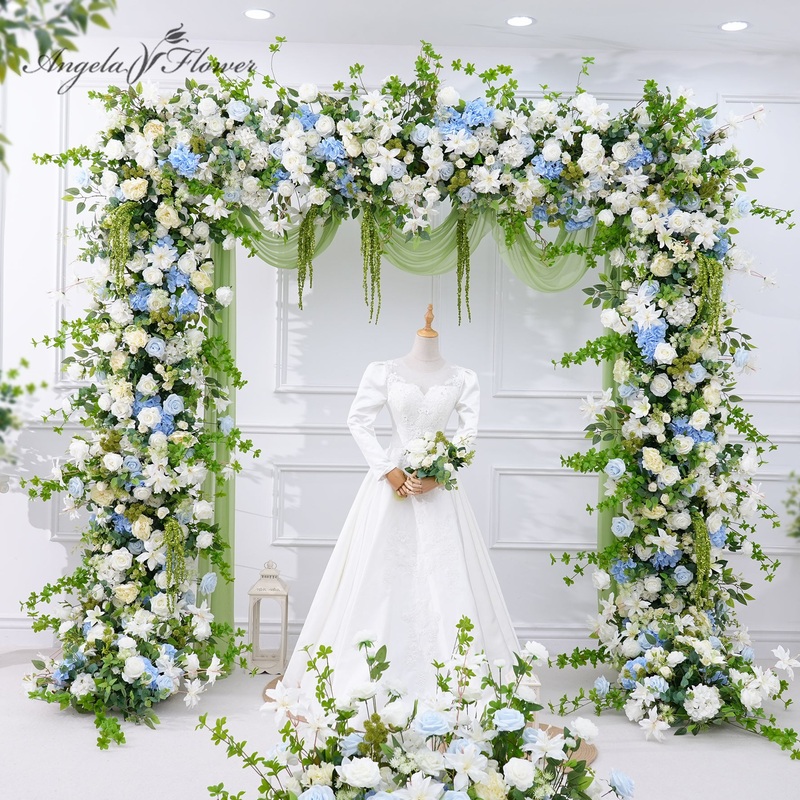 A8870 Blue Hydrangea White Rose Vine Flower Row Wedding Backdrop Square Arch