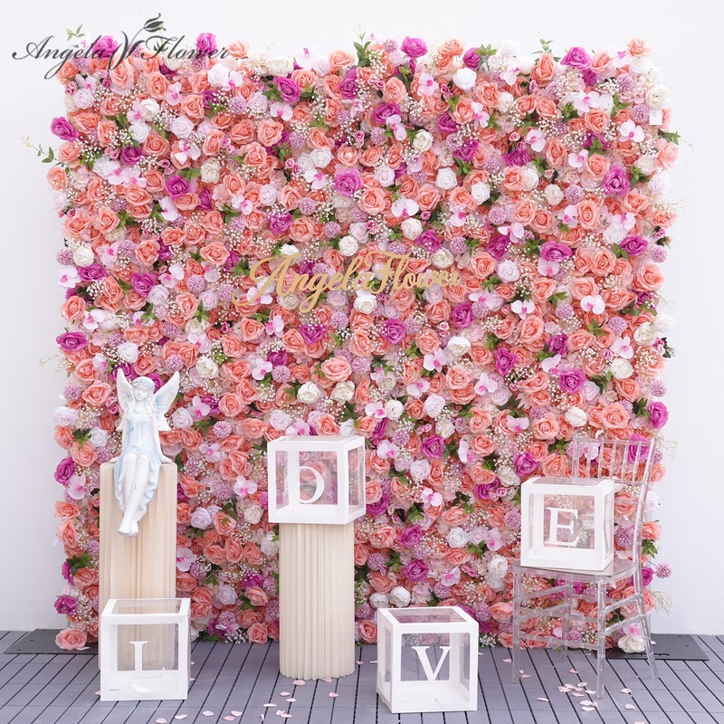 A8885 Pink Rose Baby Breath 5D Flower Wall Rolling Up Curtain Wedding Backdrop Props