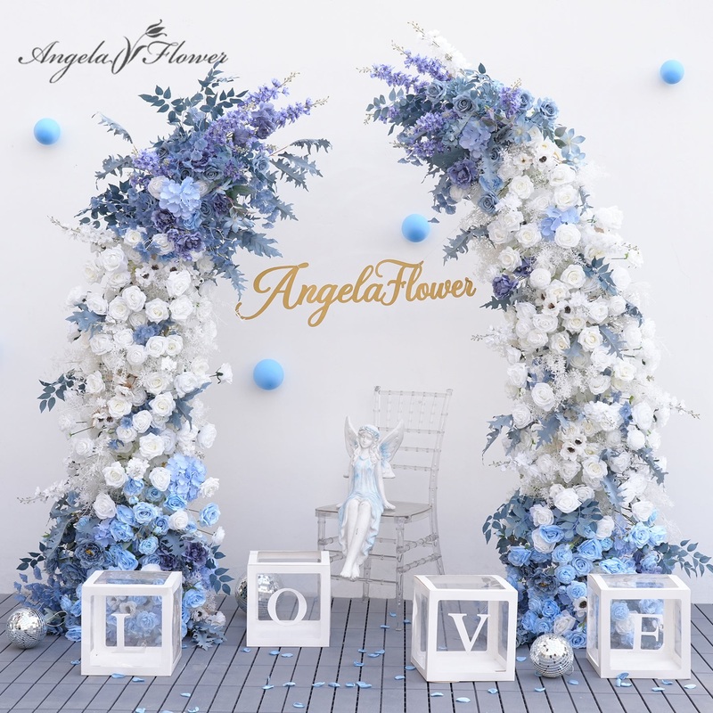 A8886 Blue White Flower Row Wedding Backdrop Horn Arch Party Event Decor Props