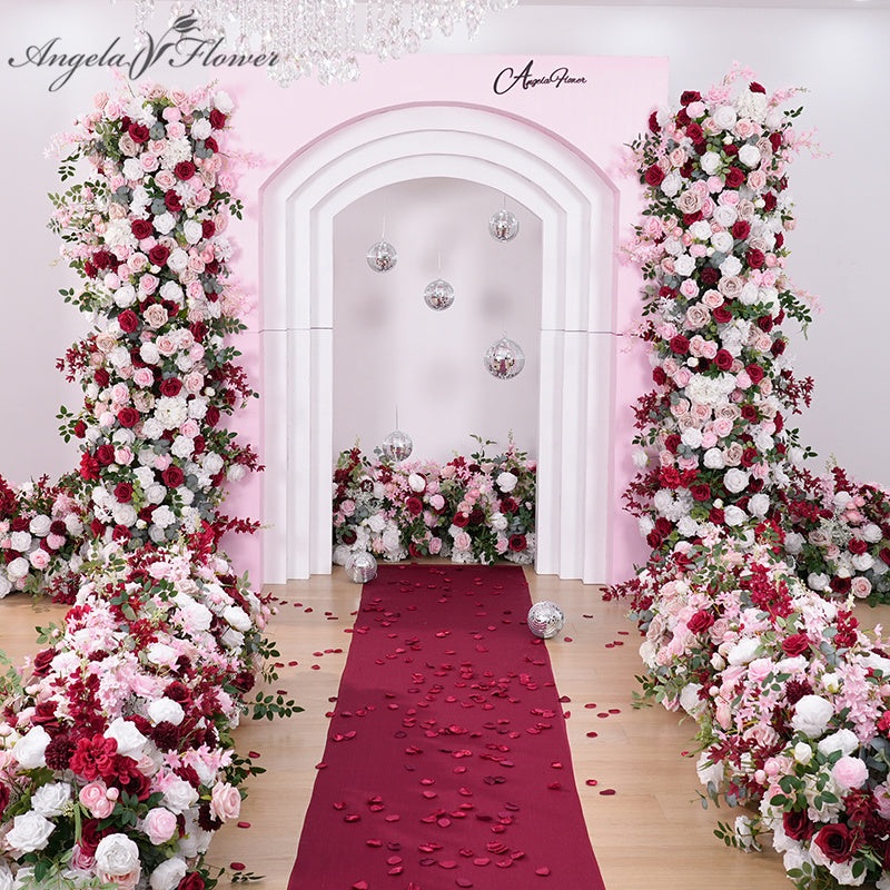 A8889 Bean Pink Wine Red Greenery Flower Row Wedding Backdrop Aisle Floor Floral