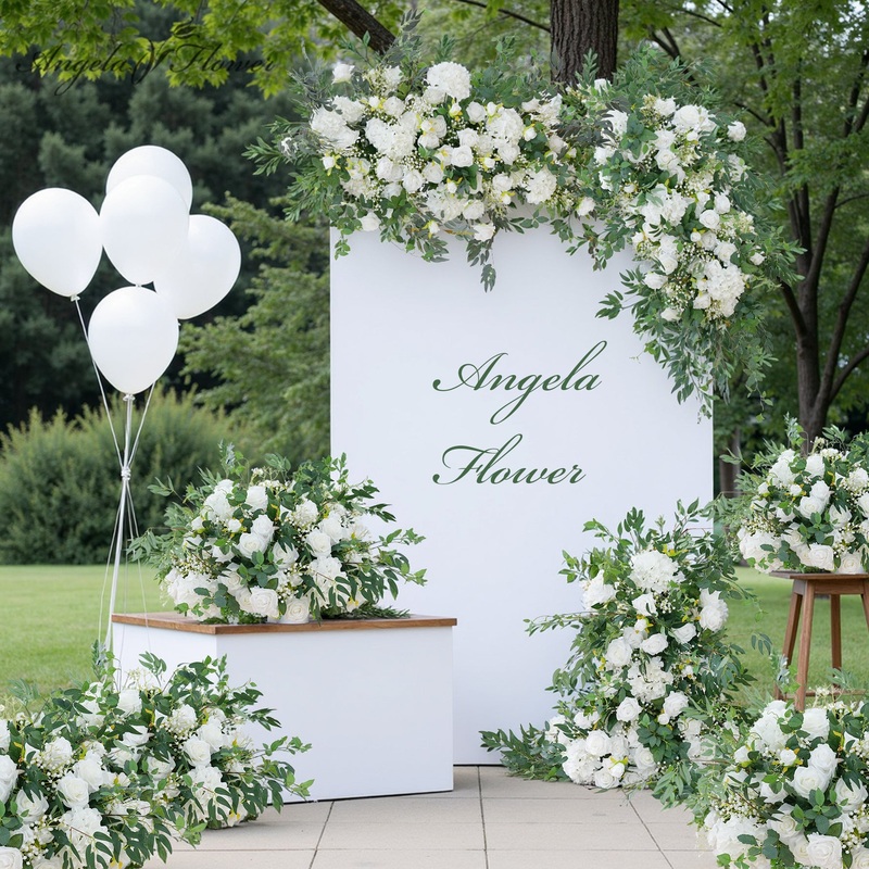 A8890 White Rose Baby Breath Greenery Hang Floral Row Flower Ball Square Frame