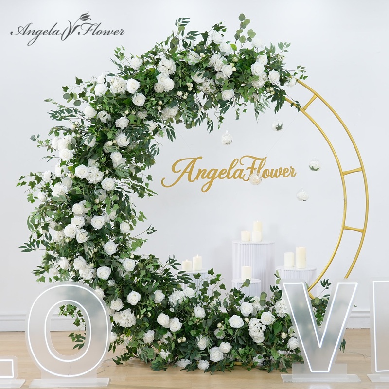 A8892 White Rose Peony Greenery Flower Row Wedding Background Round Arch