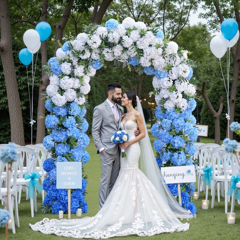 A8899 White Blue Gradient Hydrangea Green Leaf Wedding Background Door Arch Flower