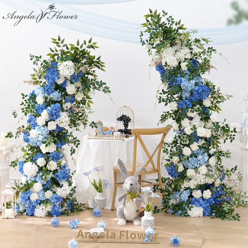 A8904 Blue White Hydrangea Greenery Floral Row Horn Arch Wedding Event Decor Props
