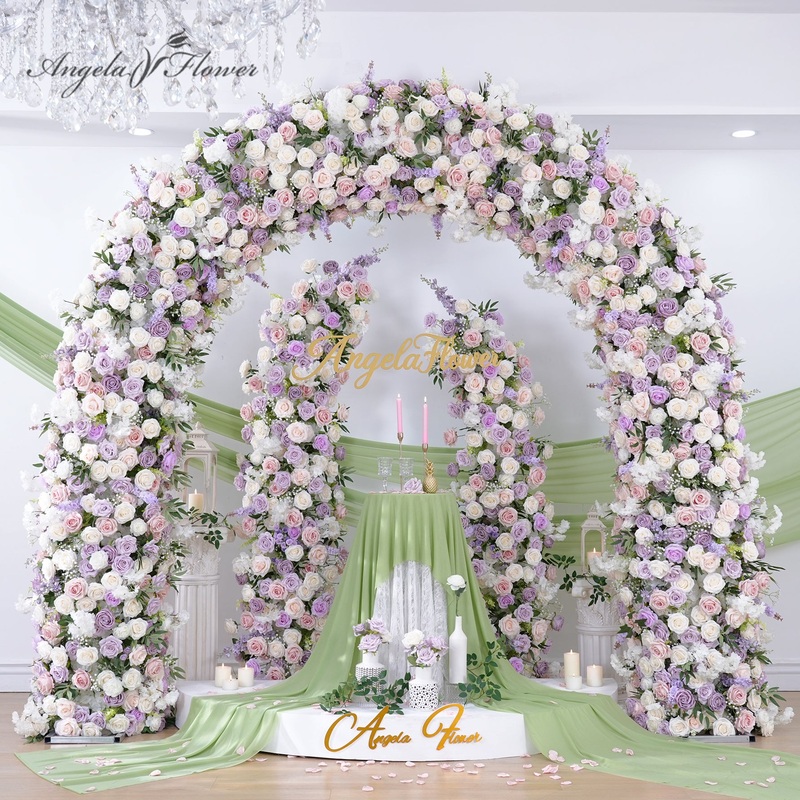 A8906 Purple White Rose Delphinium Flower Row Door Frame Floral Horn Arch Props