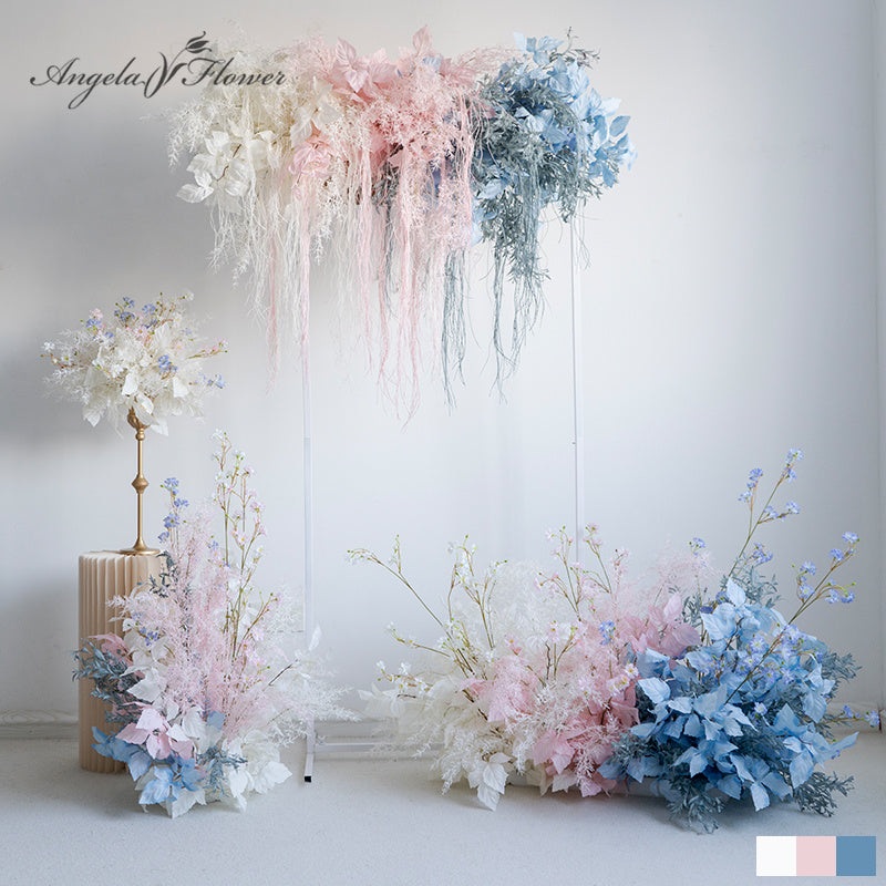 Blue Pink Gradient Mist Grass Leaf Hang Floral Wedding Party Event Decor Props