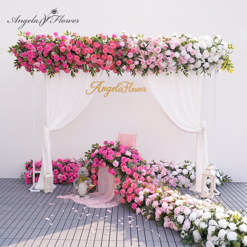 A8909 Gradient Pink White Rose Greenery Flower Row Wedding Backdrop Event Props