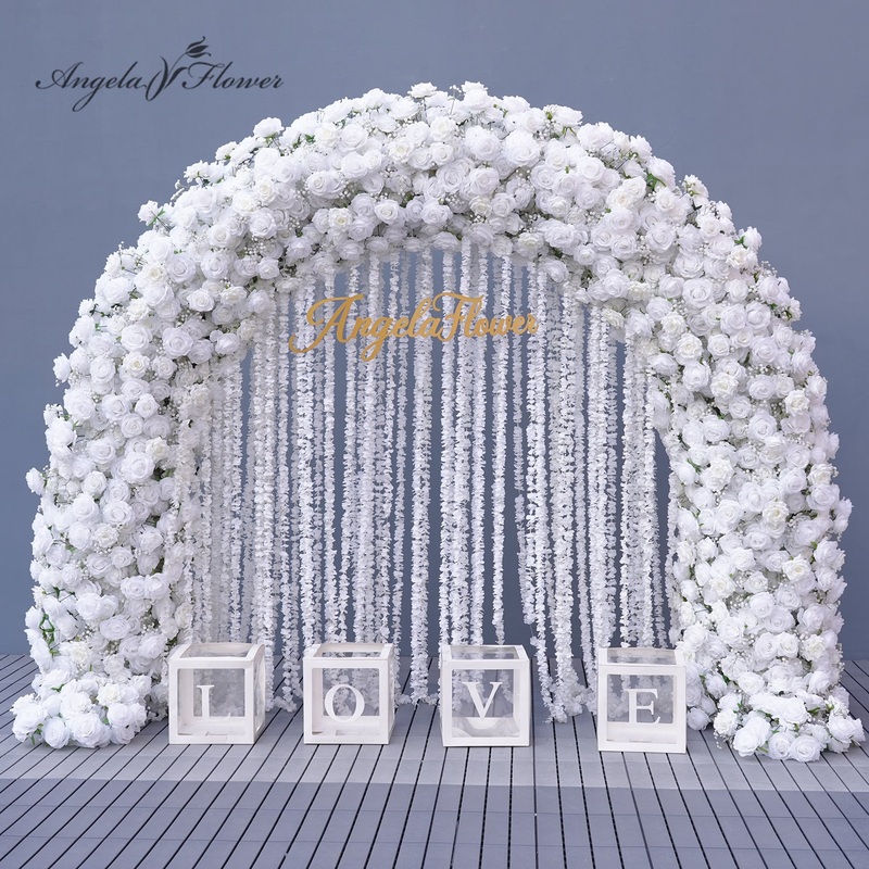 A8931 White Rose With Wisteria Cloth Base Two Sides Wedding Backdrop Arch Props