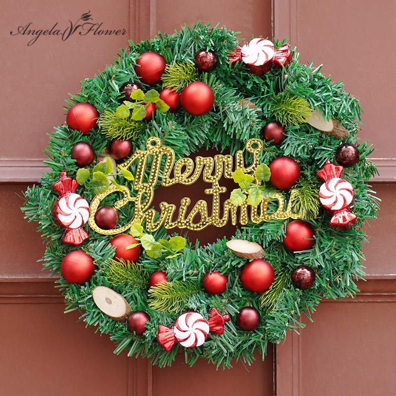 SD0044 Merry Christmas Word Sign Red Candy Berry Greenery Rattan Wreath Garland