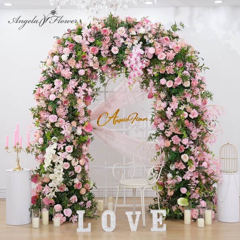 A7768 Pink Floral Greenery Two Sides Flower Wedding Background Door Arch