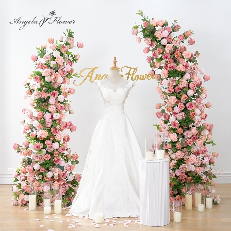 A8934 Pink Rose Greenery Flower Row Horn Arch Wedding Event Decor Props