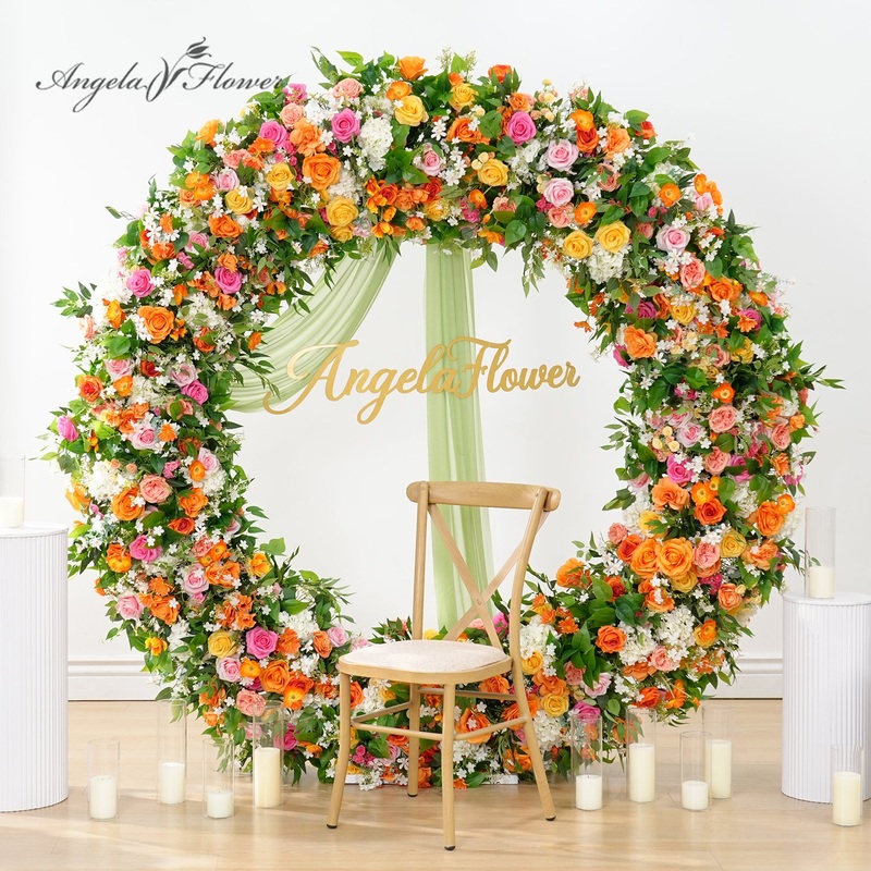 A8935 Orange Hot Pink Greenery Flower Arrangement Table Runner Round Arch