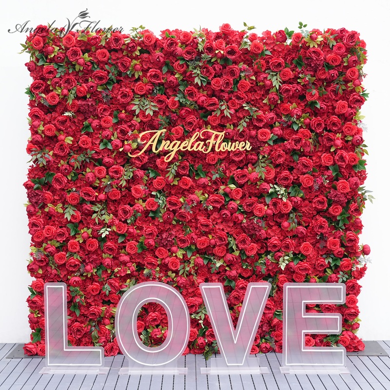 A8937 5D Red Rose Green Leaf Flower Wall Fabric Base Wedding Decor Props