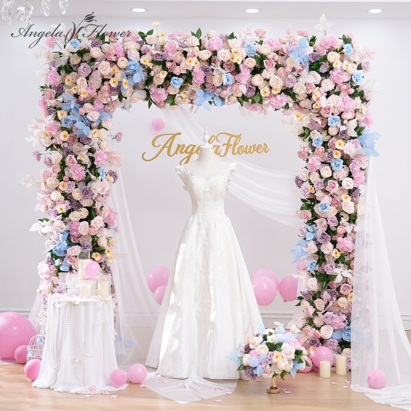 A8940 Colorful Rose Blue Leaf Floral Arrangement Flower Ball Square Frame Arch