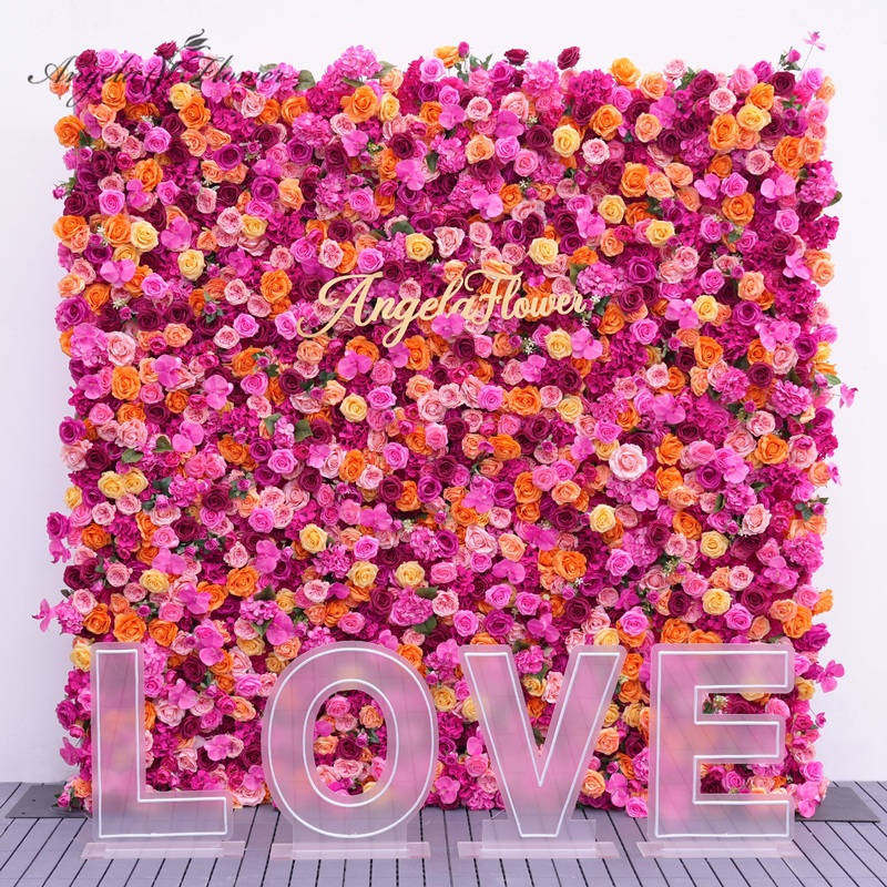 A8943 Hot Pink Orange Rose 5D Flower Wall Roll Up Curtain Cloth Base Event Props