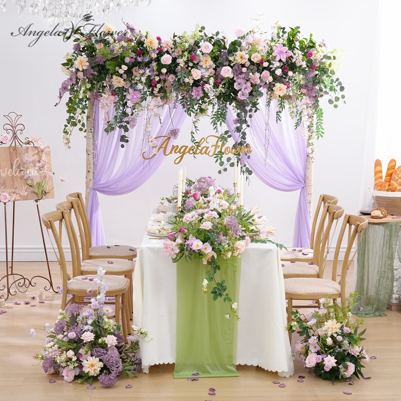 A8943 Purple Floral Row Greenery Vine Table Runner Aisle Flower Event Banquet Props