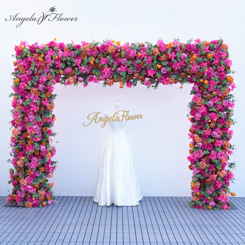 A8944 Eucalyptus Leaves Hot Pink Flower Row Cloth Base Wedding Decor Square Arch