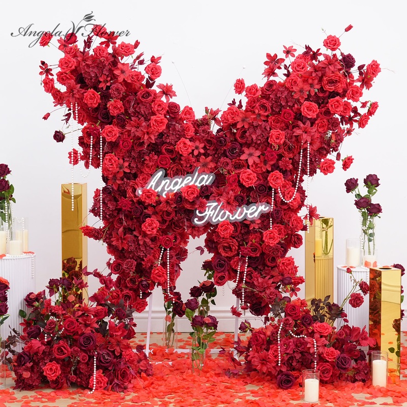 A8945 Red Burgundy Rose Butterfly Shaped Arch Aisle Flower Wedding Backdrop