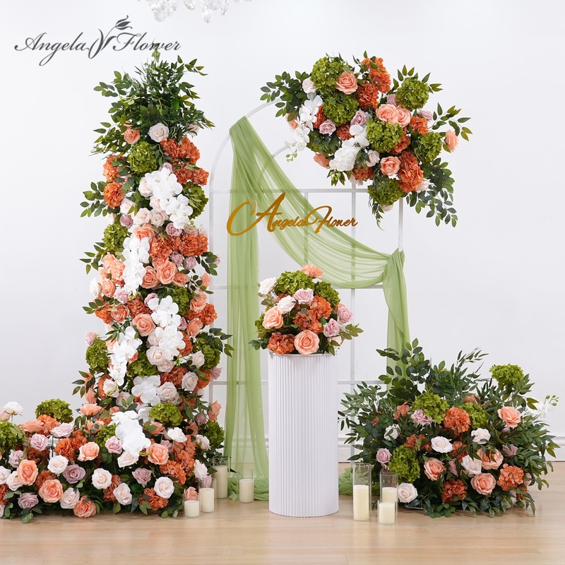 A8948 Orange Hydrangea Greenery Floral Row Table Aisle Flower Decor Sofa Runner