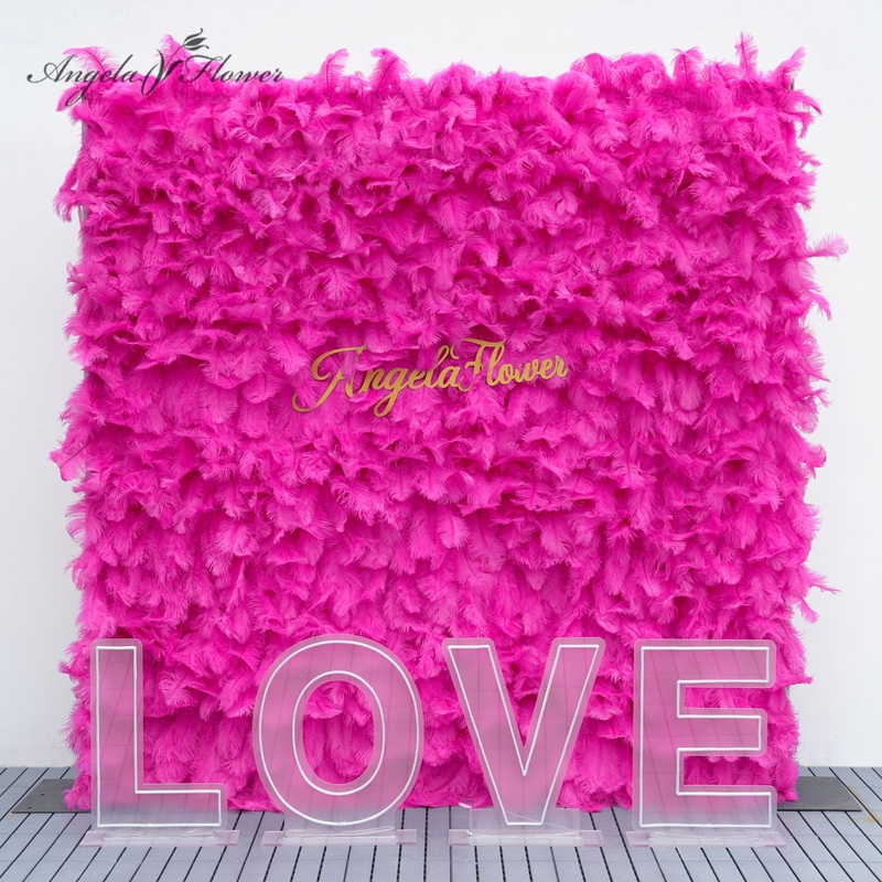 A8949 Hot Pink Feather Fabric Base 5D Flower Wall Wedding Decor Supplies