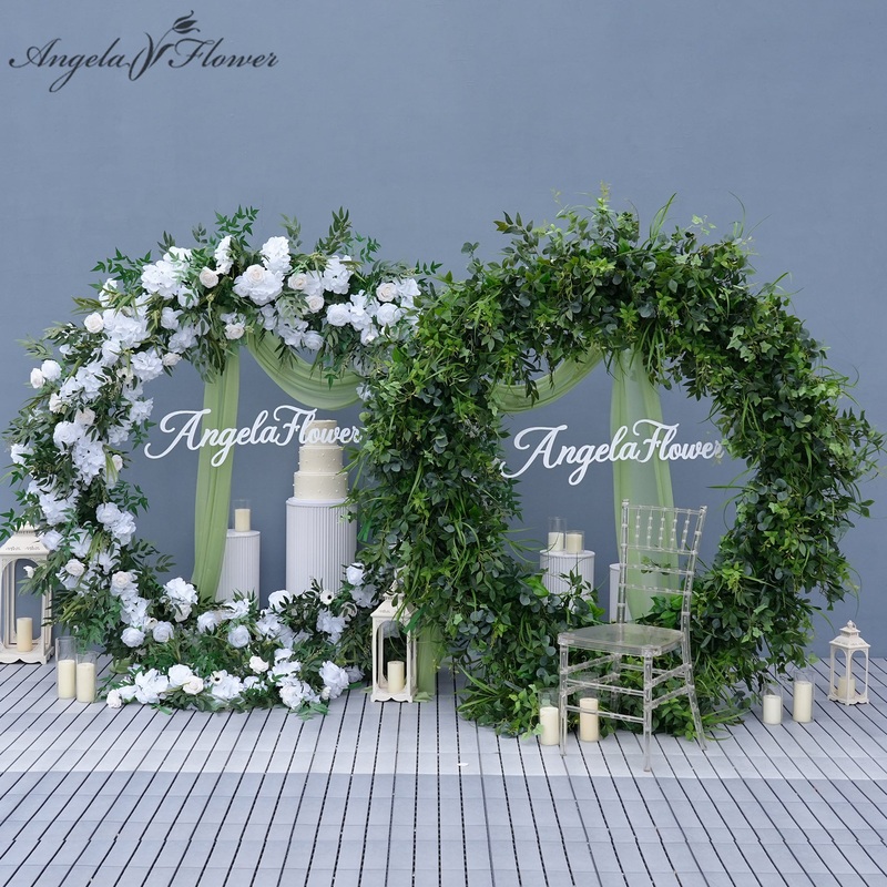 A8952 White Greenery Flower Row Cloth Base Wedding Background Round Arch