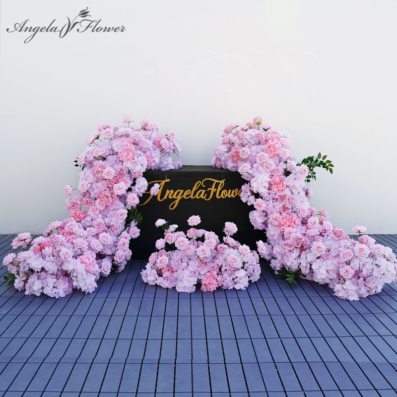 A8883 Pink Blue Rose Hydrangea Floral Runner Aisle Flower Event Banquet Props