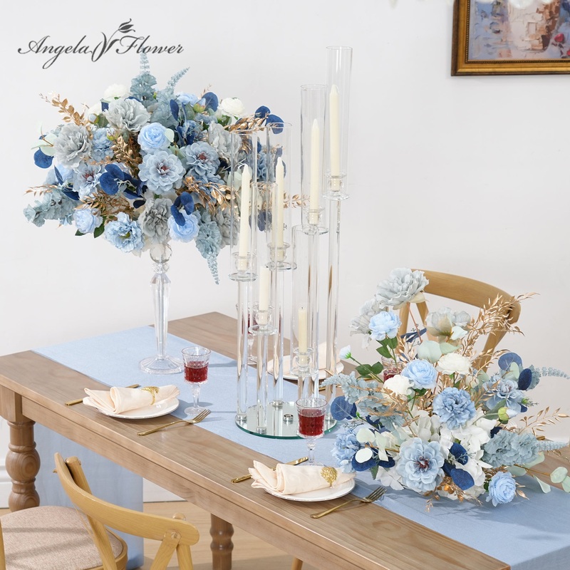 A8933 Haze Blue Flower Gold Leaf Floral Ball Wedding Table Centerpieces Decor Props
