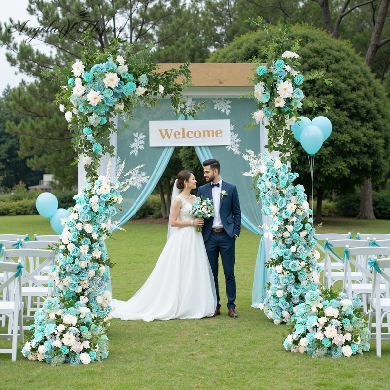 A8956 Tiffany Blue Floral Row Horn Arch Welcome Sign Hang Flower Wedding Decor Props