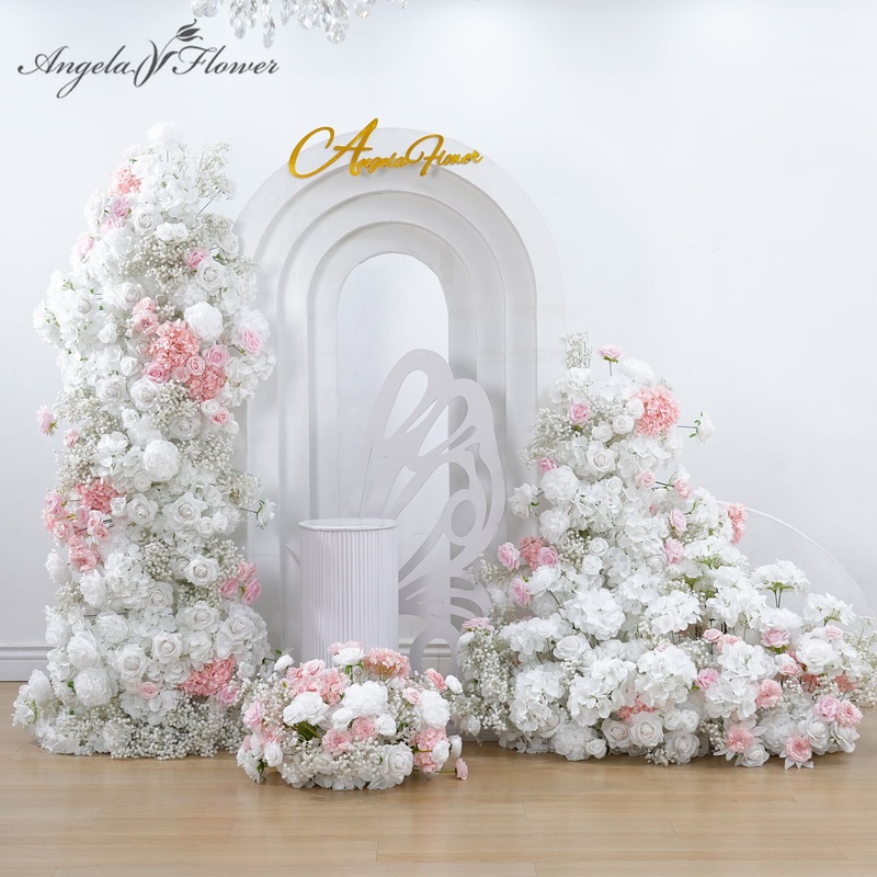 A8957 Pink White Rose Babysbreath Floral Row Floor Flower KT Board Wedding Backdrop