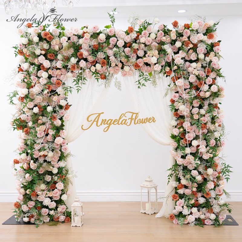 A8964 Coffee Pink Rose Greenery Flower Row Cloth Base Square Arch Decor Supplies