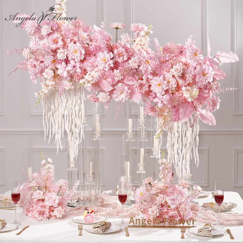 A8968 Pink 2 Sides Floral Row Table Centerpiece Wedding Event Banquet Decor