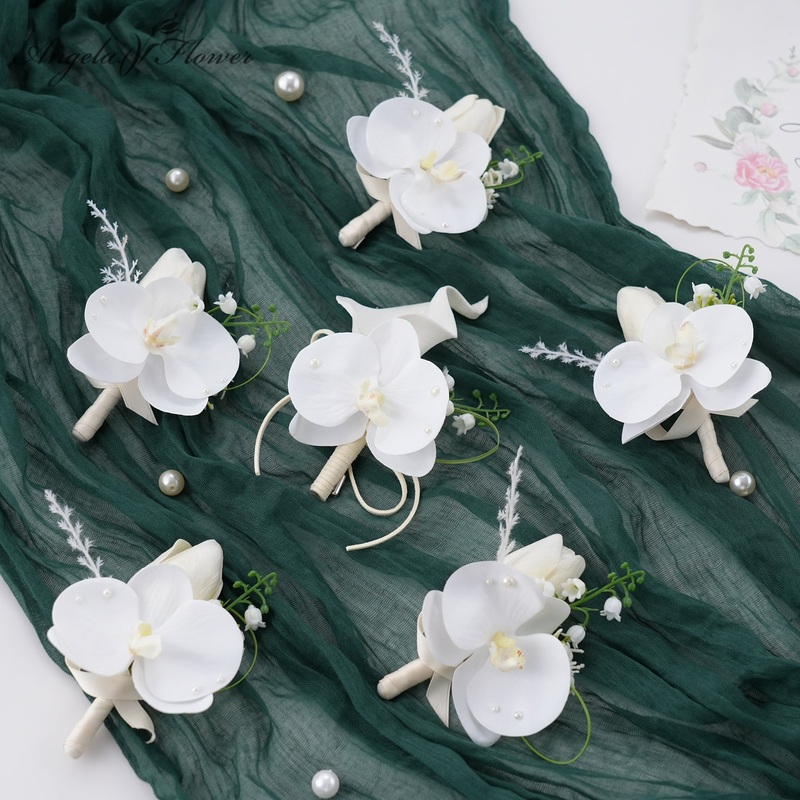 A89771 6pcs/set White Tulip Orchid Groom Corsage Flowers Wedding Event Supplies