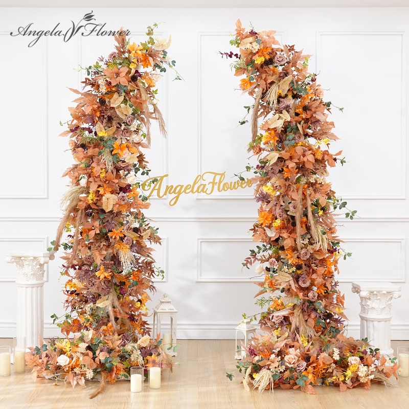 A8988 Autumn Coffee Leaves Flower Row Cloth Base Horn Arch Wedding Decor