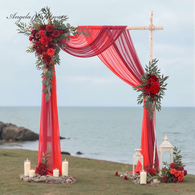 A9005 2pcs Red Hanging Silk Flowers 2pcs Chiffon Drapes Ceremony Party Decor