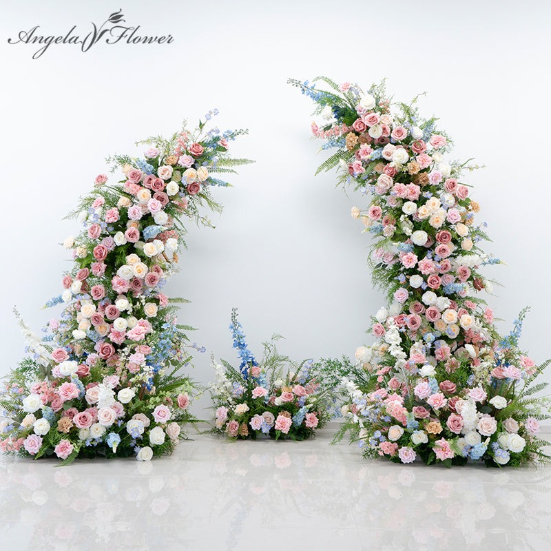 Colorful Rose Delphinium Floral Row Horn Arch Aisle Flower Party Event Decor Props