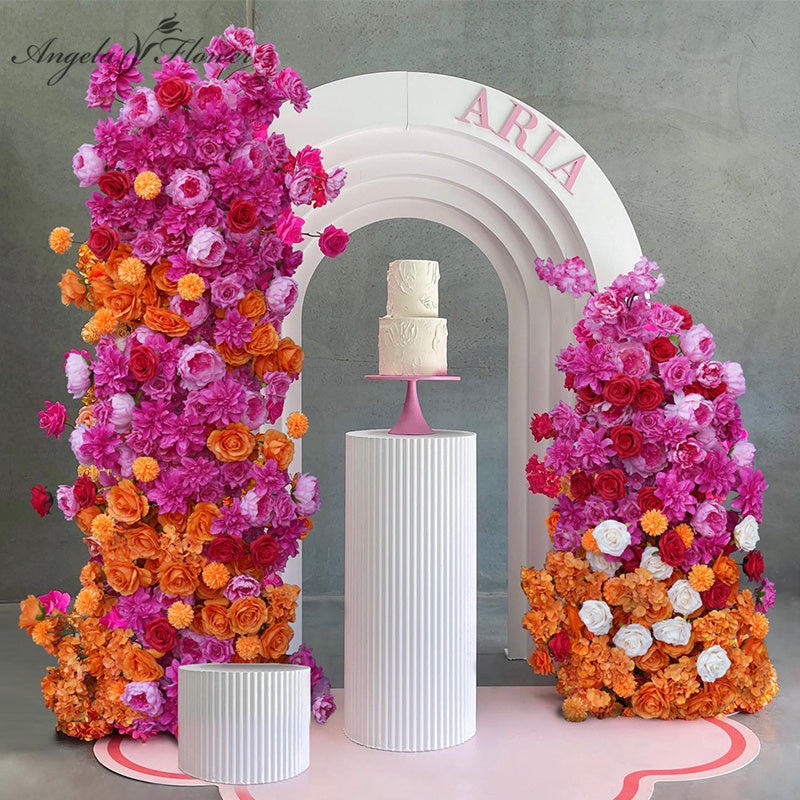 S-A7666 Hot Pink Orange Wedding Backdrop Arch Floral Arrangement