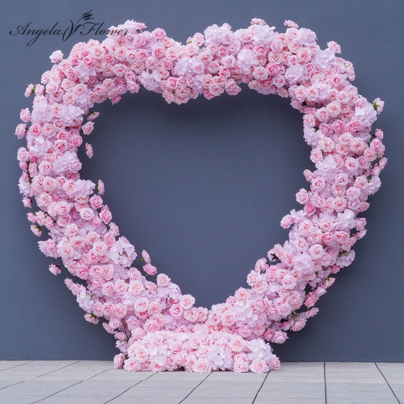 S-A8054 Pink Rose Hydrangea Cloth Base Arrangement Floral Wedding Backdrop Heart-Shaped Arch Decor Props